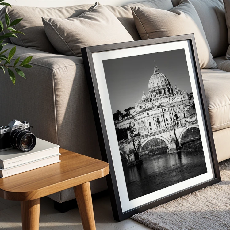 plakat rzym serce watykanu w czerni i bieli z białym obramowaniem w czarnej ramie