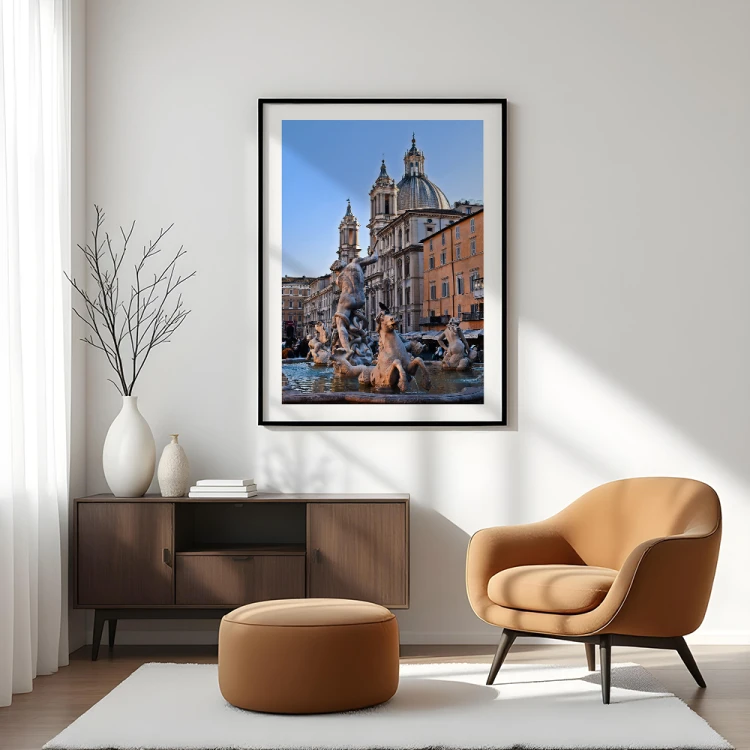 plakat rzym fontanna na piazza navona z białym obramowaniem w salonie