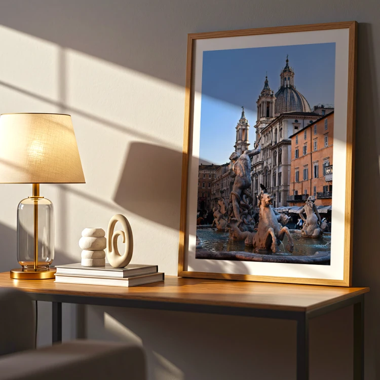 plakat rzym fontanna na piazza navona z białym obramowaniem w biurze