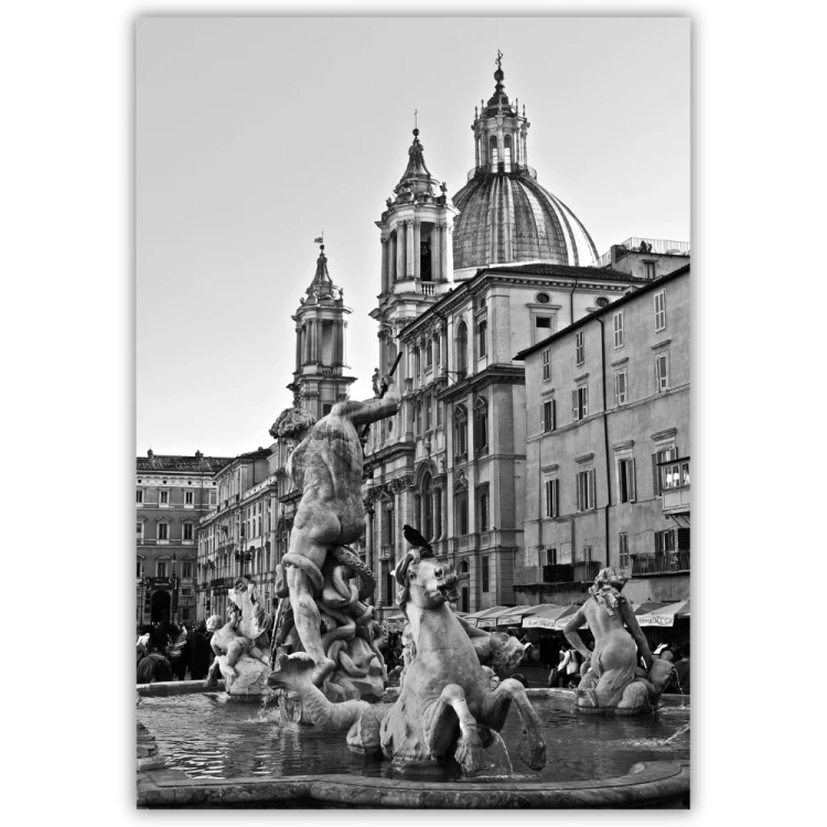 plakat rzym fontanna na piazza navona w czerni i bieli