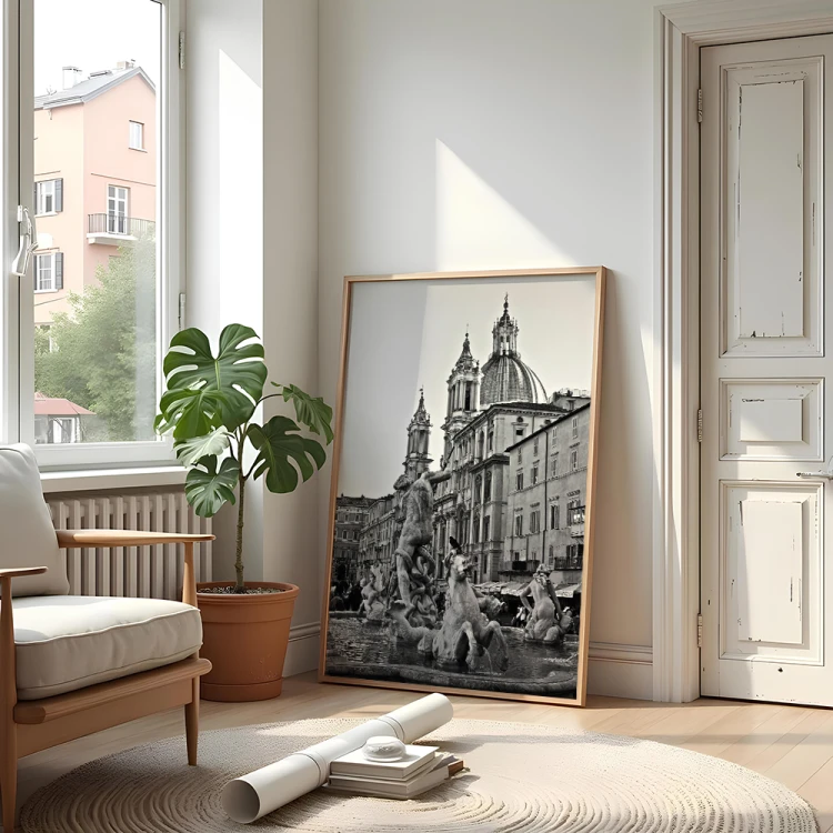 plakat rzym fontanna na piazza navona w czerni i bieli w drewnianej ramie
