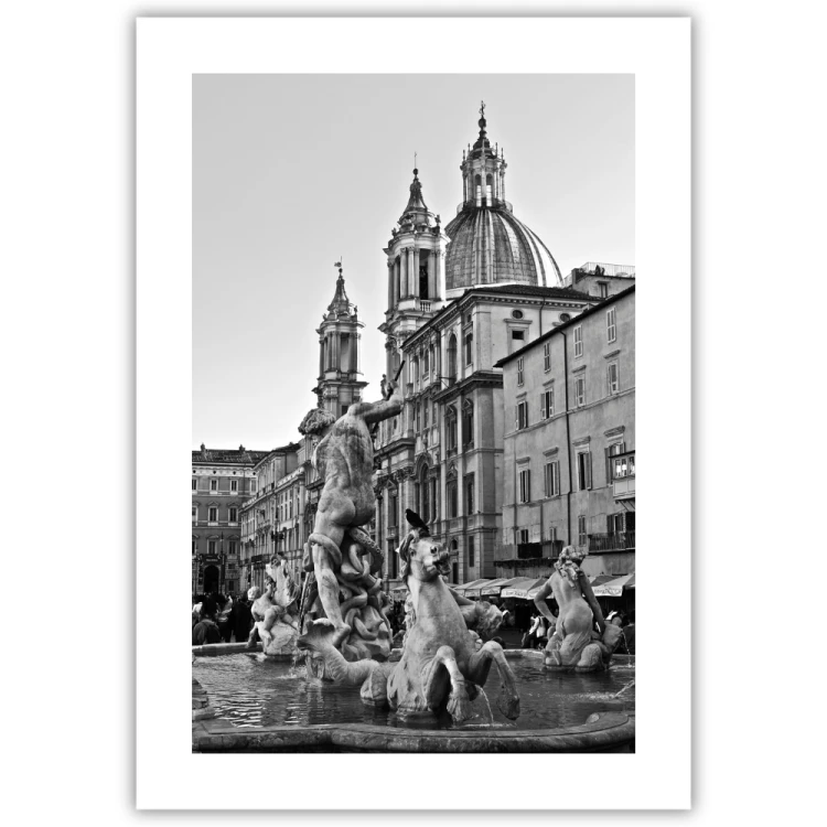 plakat rzym fontanna na piazza navona w czerni i bieli z białym obramowaniem