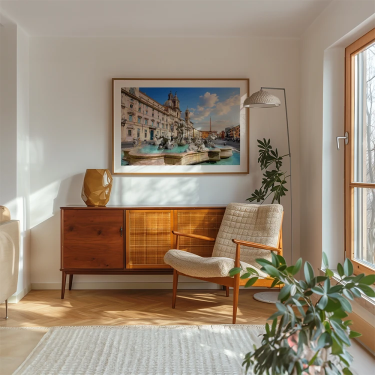 plakat rzym piazza navona z białym obramowaniem w salonie