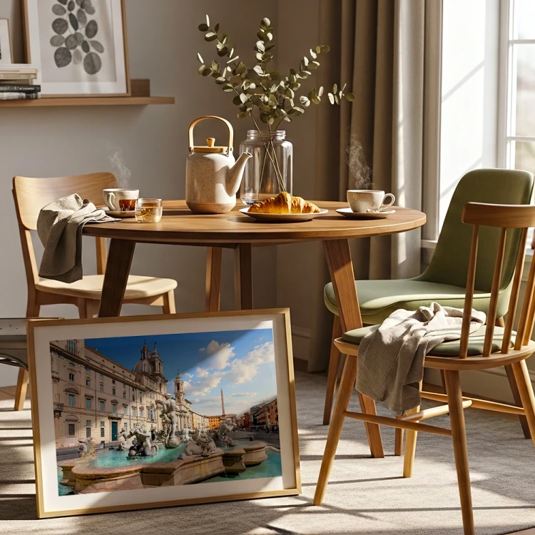plakat rzym piazza navona z białym obramowaniem w jadalni