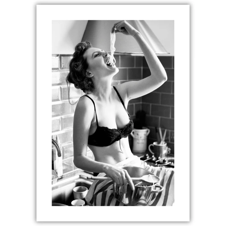 plakat dziewczyna w kuchni z białym obramowaniem