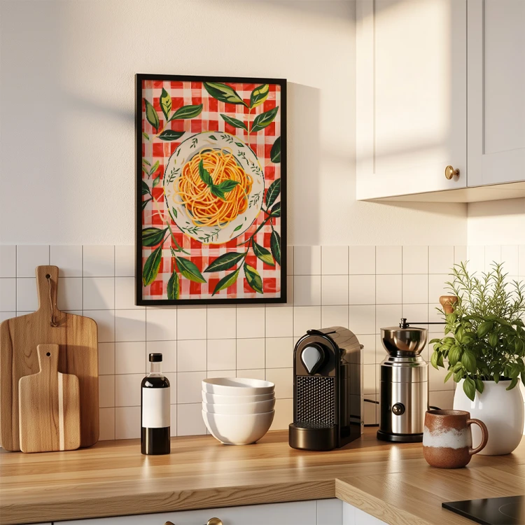plakat spaghetti abstract w czarnej ramie w kuchni