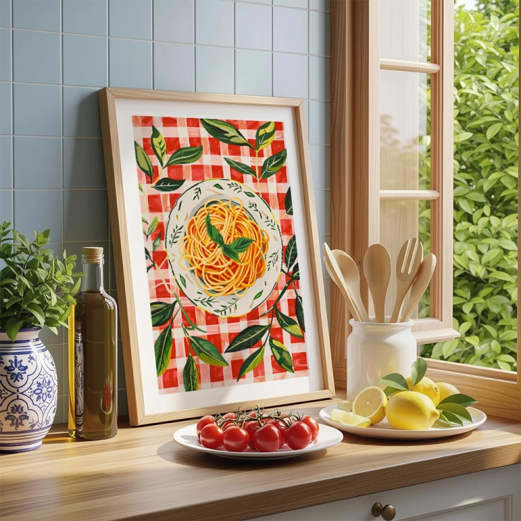 plakat spaghetti abstract z białym obramowaniem w kuchni