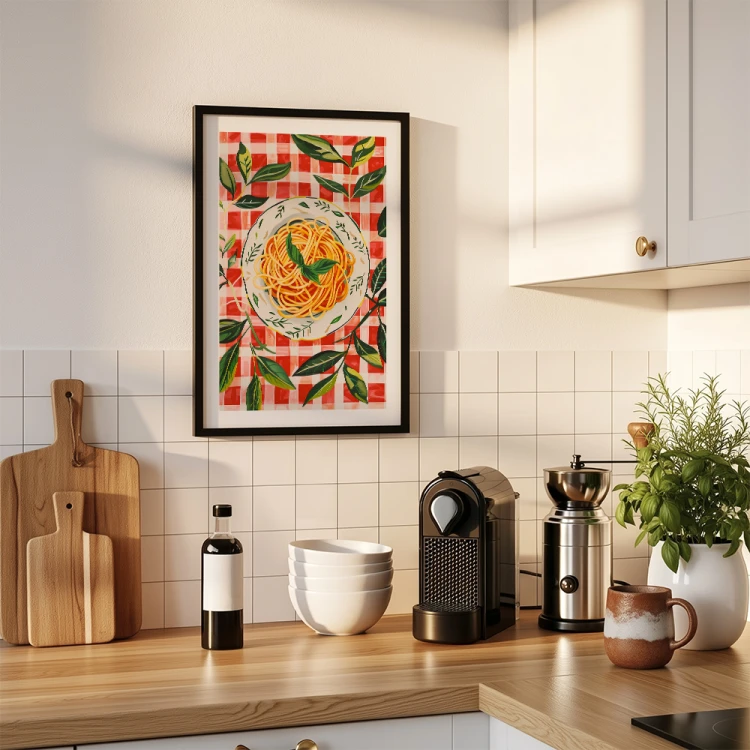 plakat spaghetti abstract z białym obramowaniem w czarnej ramie w kuchni
