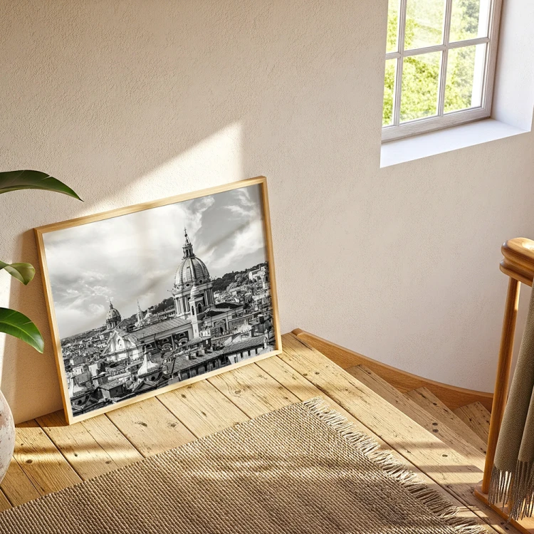 plakat rzym rzymska panorama w czerni i bieli w drewnianej ramce