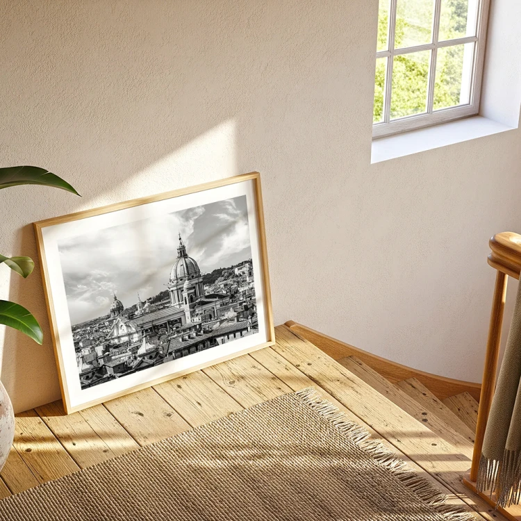 plakat rzym rzymska panorama w czerni i bieli z białym obramowaniem w drewnianej ramce