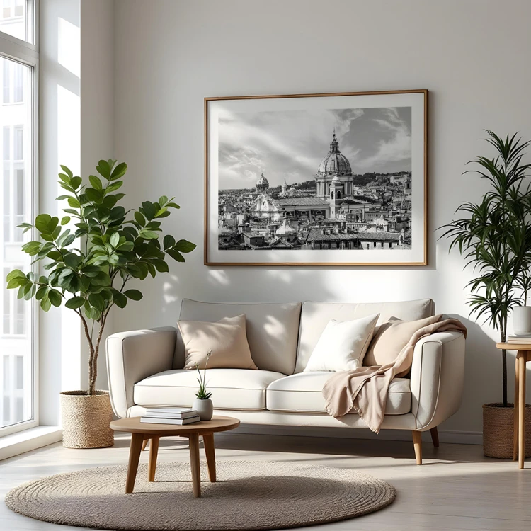 plakat rzym rzymska panorama w czerni i bieli z białym obramowaniem w salonie