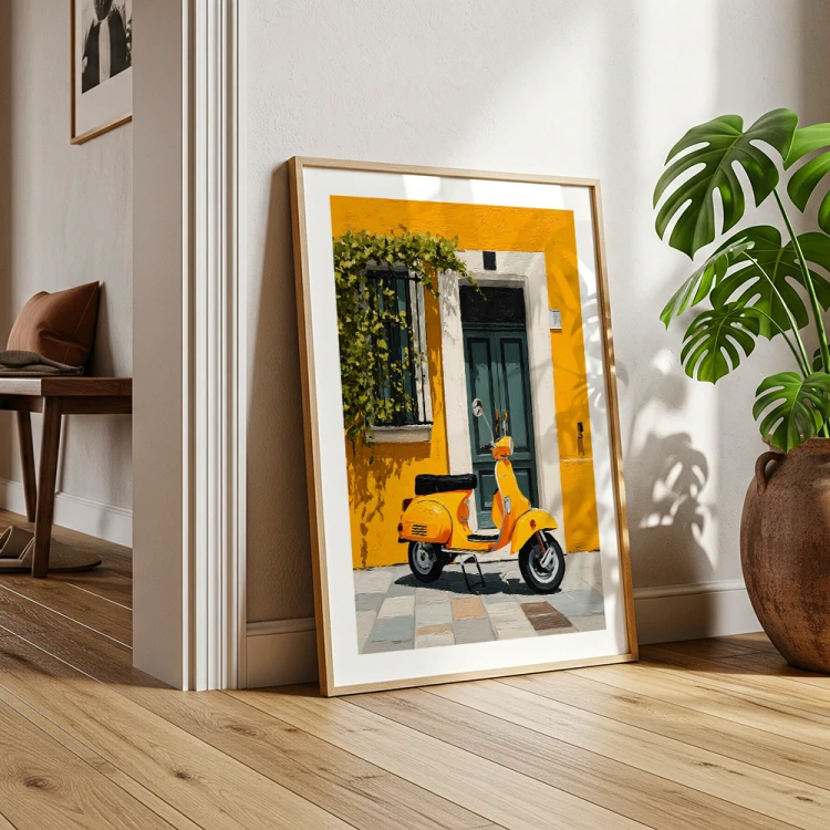 plakat słoneczna vespa z białym obramowaniem w salonie