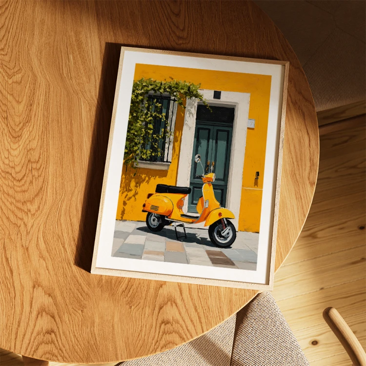 plakat słoneczna vespa z białym obramowaniem w drewnianej ramie
