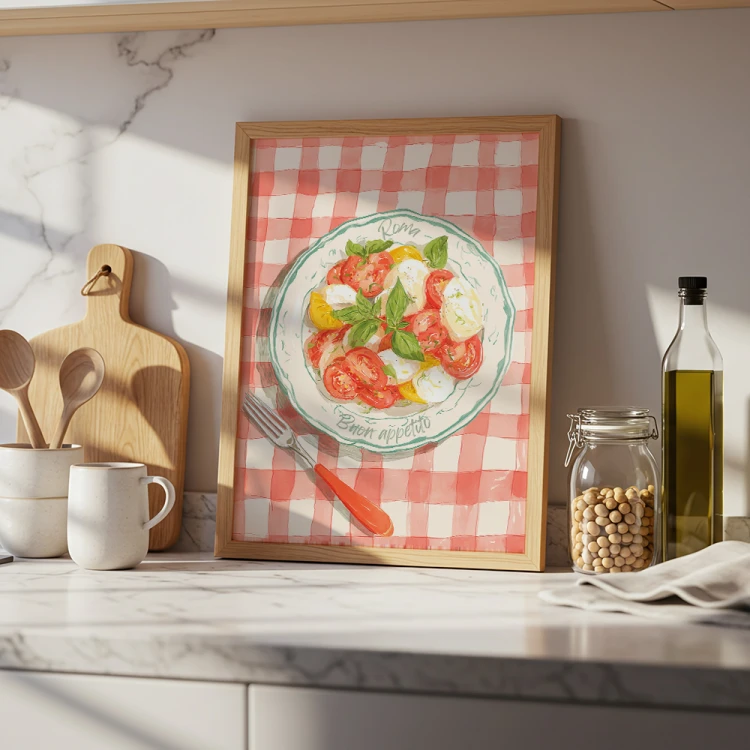 plakat letnia caprese w kuchni w drewnianej ramie