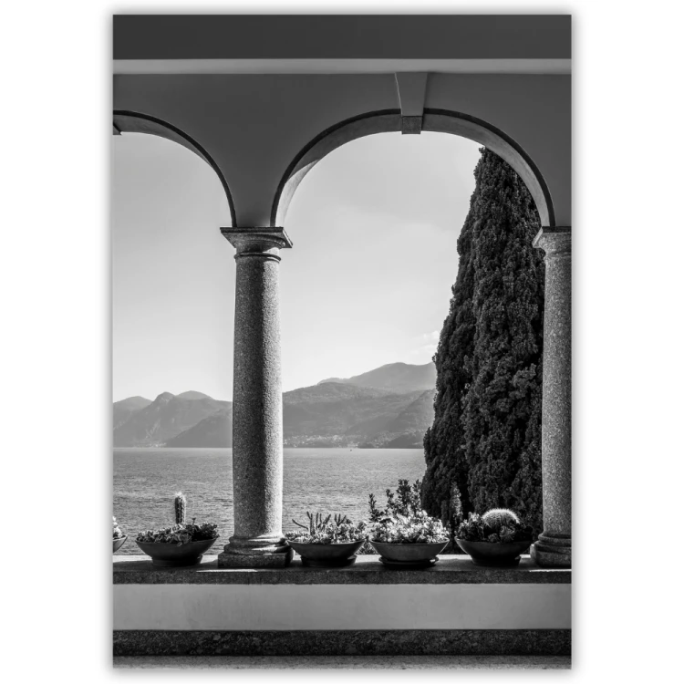 plakat varenna widok na jezioro Como w czerni i bieli