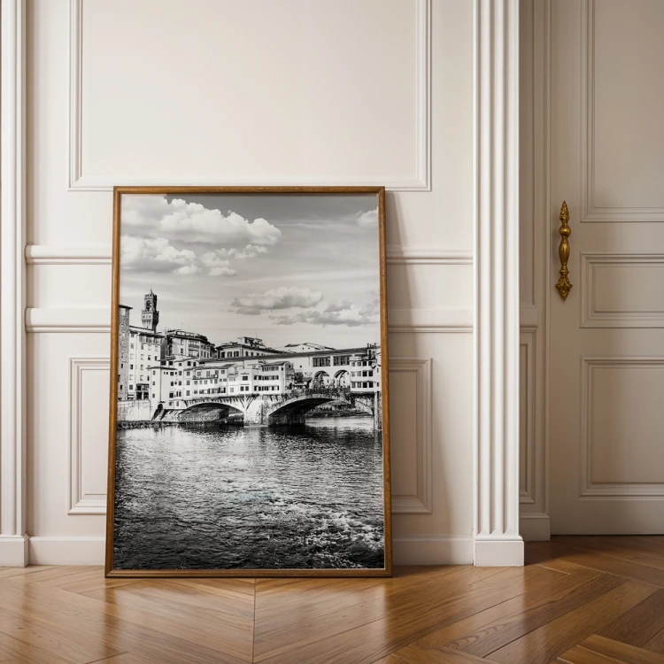 plakat florencjamost złotników nad arno w czerni i bieli w salonie