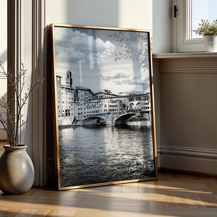 plakat florencjamost złotników nad arno w czerni i bieli w złotej ramie