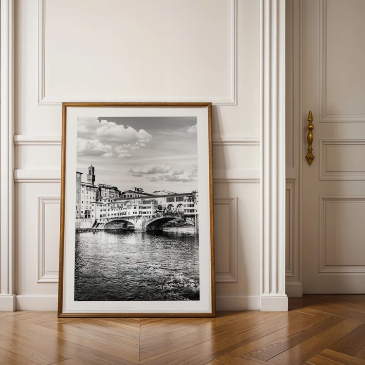 plakat florencjamost złotników nad arno w czerni i bieli z białym obramowaniem w salonie