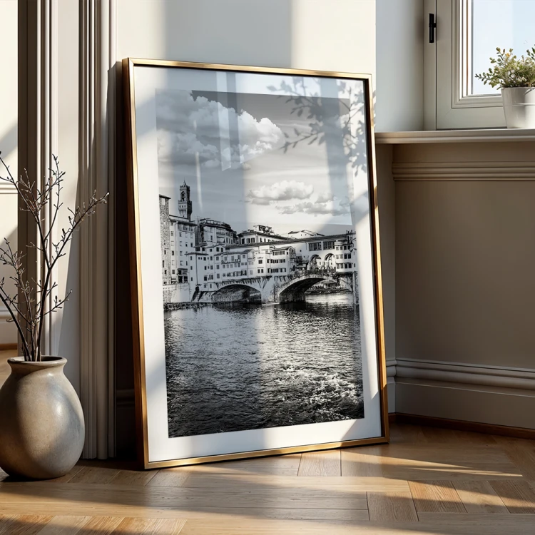 plakat florencjamost złotników nad arno w czerni i bieli z białym obramowaniem w złotej ramie