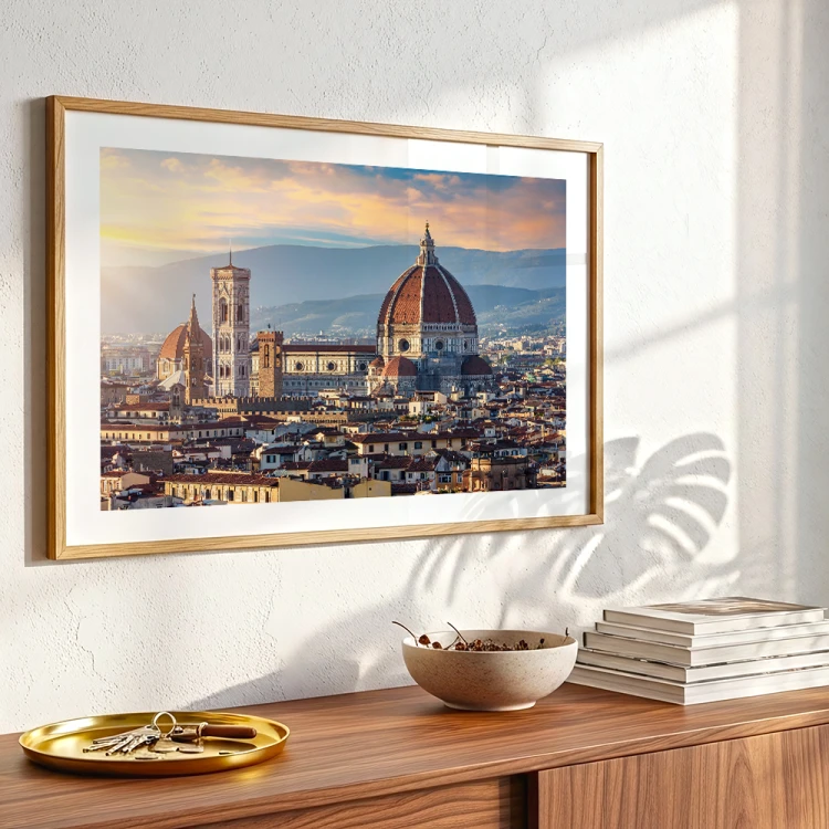 plakat florencja katedra duomo w słońcu z białym obramowaniem nad komodą