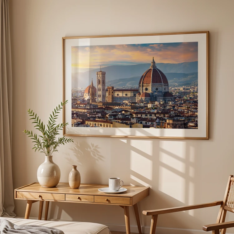plakat florencja katedra duomo w słońcu z białym obramowaniem w pokoju