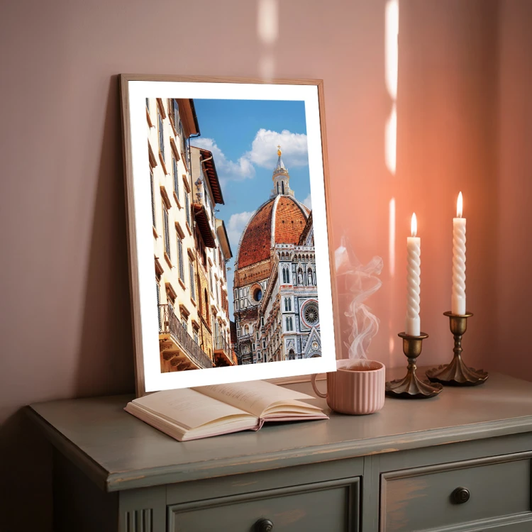 plakat florencja duomo w błękicie z białym obramowaniem w drewnianej ramie