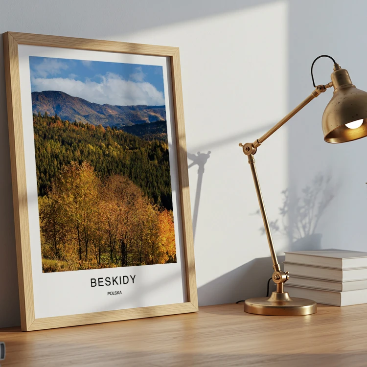 plakat beskidy polska w kolorach jesieni w drewnianej ramie