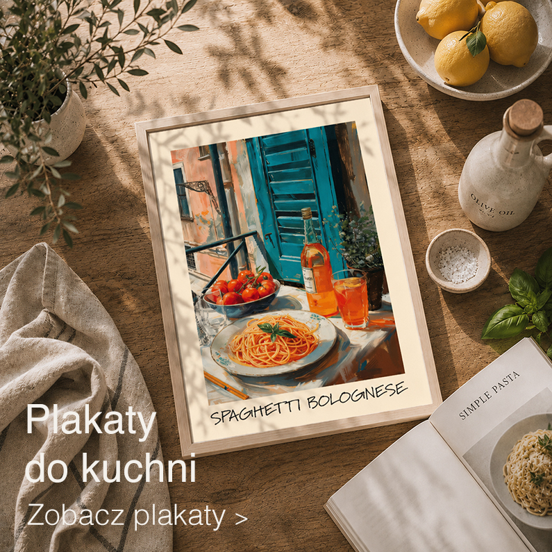 plakat do kuchni włoska uczta – spaghetti na stole kuchennym