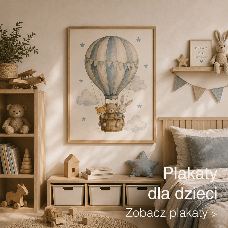 plakat dla dzieci w drewnianej ramie w pokoju dziecięcym z zabawkami